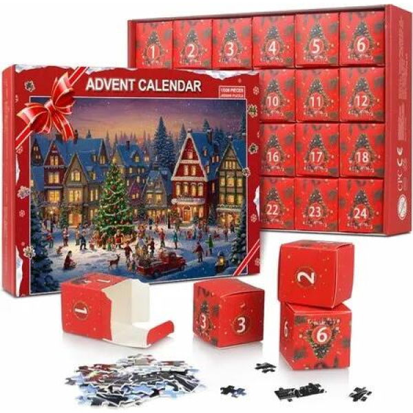 Advent Calendar Christmas Puzzles, 24 Boxes, 1008 Pieces, Educational Retro Jigsaw Puzzles, Christmas Countdown Puzzles, Gifts for Family, Kids, Teens