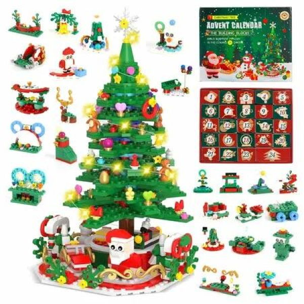 Advent Calendar Christmas Tree Building Toy Magical Christmas Tree Adventure LED Lights for Kids Countdown to Christmas Fun
