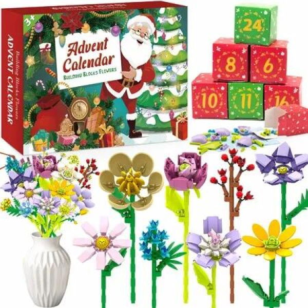 Advent Calendar Flower Bouquet Building Blocks,24 Days Christmas Countdown Calendars with 24 Kinds of Flowers,Unique Advent Calendar