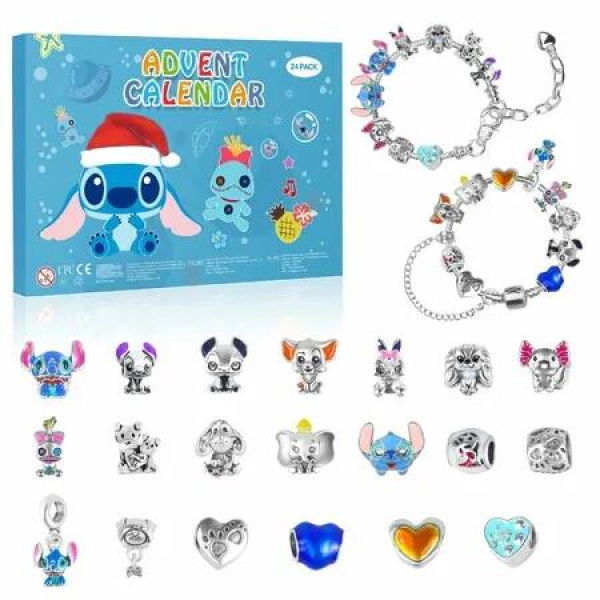 Advent Calendar for Girls, 24 Days Christmas Countdown Calendar with 2 Bracelets and 22Pcs Unique Cartoon Charm Beads