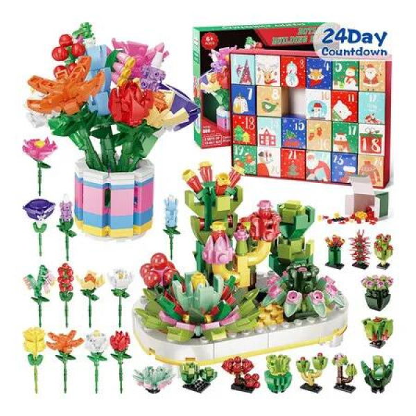 Advent Calendar for Kids Adults Teens, 24 Days STEM Botanical Building Blocks Christmas Countdown Calendar Gifts Box Toys For Age 6 Up