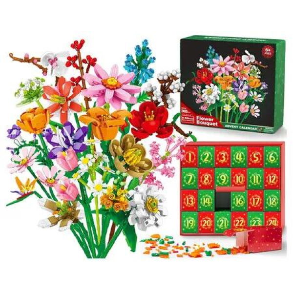 Advent Calendar for Kids Adults Teens, 24 Days STEM Flower Bouquet Building Blocks Christmas Countdown Calendar Gifts Box with Artificial Flowers Bricks Toy Set for Boys Girls Women Men Age 6 Up