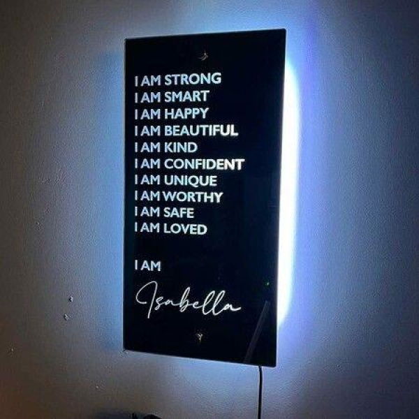 Affirmation Mirror - I Am Mirror - LED Light Up Mirror - Bedroom Decor - Wall Decor Mirror (30 X 15 Cm)