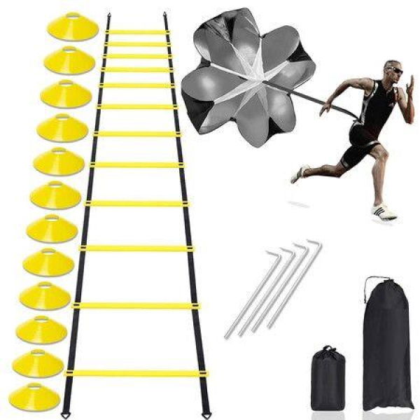 Agility Ladder Training Equipment With 12 Disc Cones 6m Length Resistance Parachute For Speed Training SoccerFootball Workout Footwork