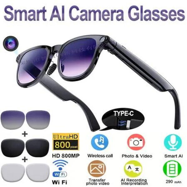 AI Smart Glasses with 8MP HD Camera,Bluetooth 6.0 Intelligent Voice Sunglasses Anti-Shake Camera Video Music Player Portable for Gaming Travel Outdoor