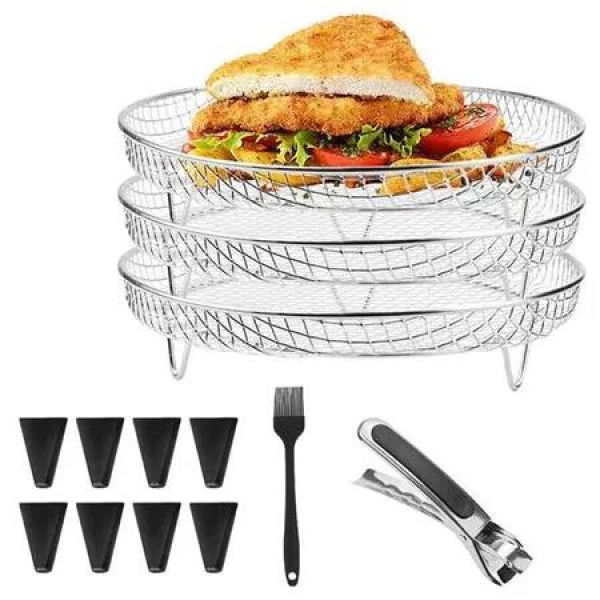 Air Fryer ThreeLayer Stacked Net Round Dehydration Rack Stainless Steel Accessories Clip Oil Brush 8 Feet