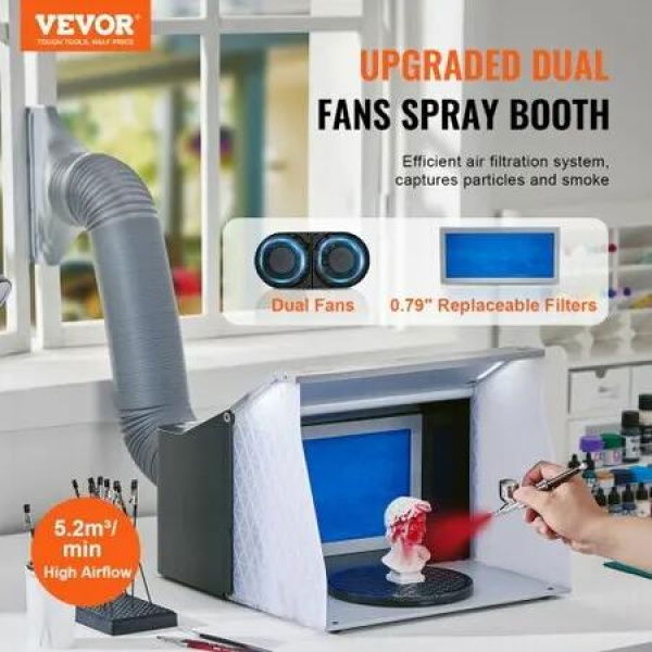 Airbrush Spray Booth, Portable Hobby Airbrush Paint Spray Booth Kit with 4 LED Light, Powerful Dual Exhaust Fans, Turntable and 6 ft Extension Hose, for Painting Models, Arts, Crafts, Cakes