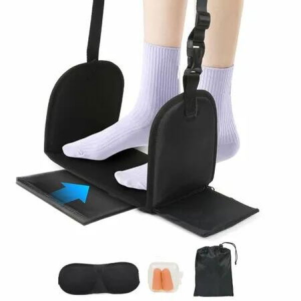 Airplane Foot Hammock with Hard Support,Adjustable Portable Airplane Foot Rest,Eye Mask,Earplugs Suitable for Office,Long Flight Travel
