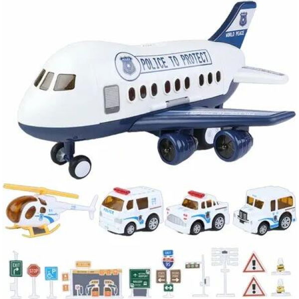 Airplane Toy Mini Car with Road Sign For Kids Age 3 to 8 , 2 in 1 Light Effect, Music Play, Play House Set, Shockproof, Interior, Blue