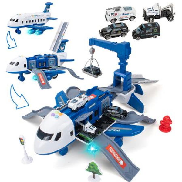 Airplane Toy, Police Airplane for Kids , Music Plane Toy with Sound and Colorful Lights, Car Toy Set(Random 4 cars)