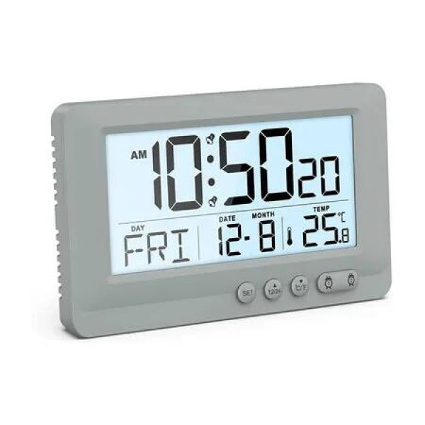 Alarm Clock Battery Operated, LCD Display Digital Clock, 5 Minute Snooze and 5 Second Backlight, Low Battery Alert, Alarm Clock for Bedroom, Grey