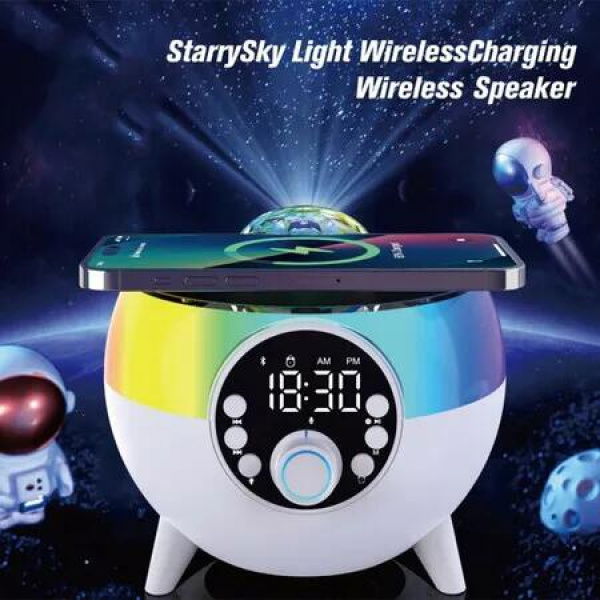 Alarm Clock Bluetooth Wireless Speaker Starry Sky Projection Atmosphere Light with Fast Charging,FM Radio TF Card/U Disk/AUX Music Player(White)