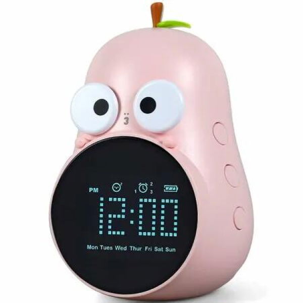 Alarm Clock for Kids, Pear-Shaped Kids Digital Rechargeable Clocks for Bedrooms, Wake Up Clock for Kid with 5 Ringtones (Pink)