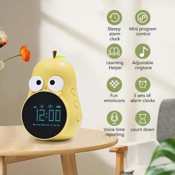 Alarm Clock for Kids, Pear-Shaped Kids Digital Rechargeable Clocks for Bedrooms, Wake Up Clock for Kid with 5 Ringtones (Yellow)