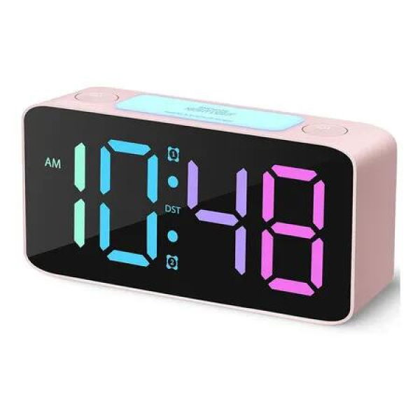 Alarm Clock Loud Heavy Sleepers RGB Digital Night Light 7 Colour Adjustable Volume USB Charger Small Bedroom Bedside Kids Teens Pink