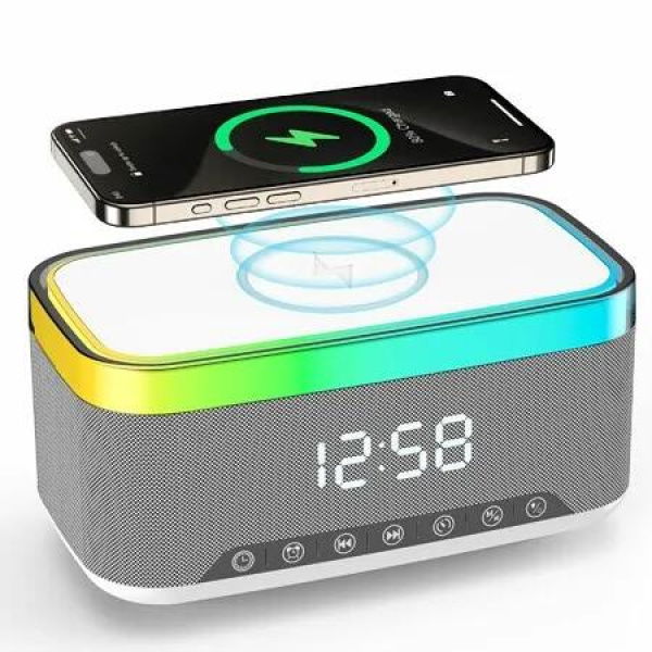 Alarm Clock Speaker Wireless Charger, Alarm Clock Dimmable Light Bedrooms Dual Alarm Snooze Dimmer 12 24H RGB Night Light Bluetooth USB AUX