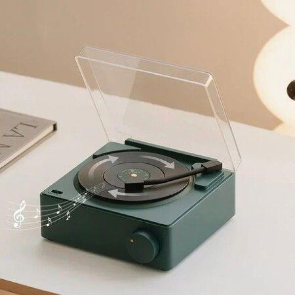 Alarm Clock Stereo Retro Wireless Bluetooth Creative Small Speaker Card USB Mini Vinyl Record Player Speaker(Green)