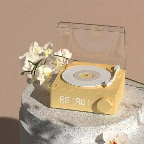 Alarm Clock Stereo Retro Wireless Bluetooth Creative Small Speaker Card USB Mini Vinyl Record Player Speaker(Yellow)