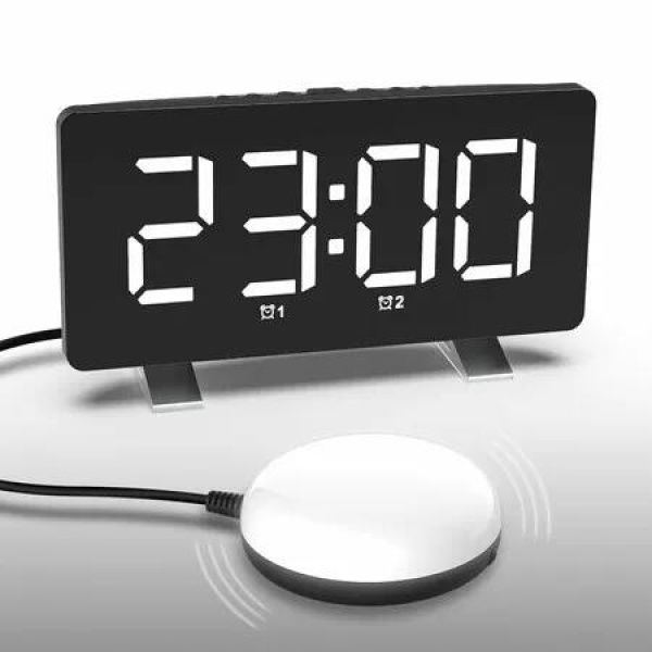 Alarm Clock Super Loud Heavy Sleepers Dual Vibrating Bed Shaker USB Charger Night Light Hearing Impaired Deaf White Wake Up Accessibility