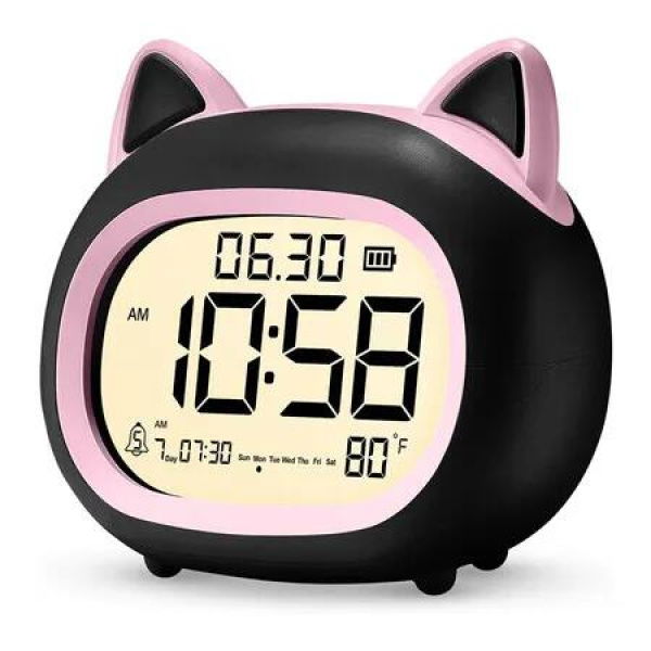 Alarm Clock with Night Light for Kids, Small Digital Alarm Clocks for Bedrooms, Cute Cat Alarm Clock with Sleep Training, Snooze (Black Pink)