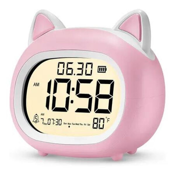 Alarm Clock with Night Light for Kids, Small Digital Alarm Clocks for Bedrooms, Cute Cat Alarm Clock with Sleep Training, Snooze (Pink)