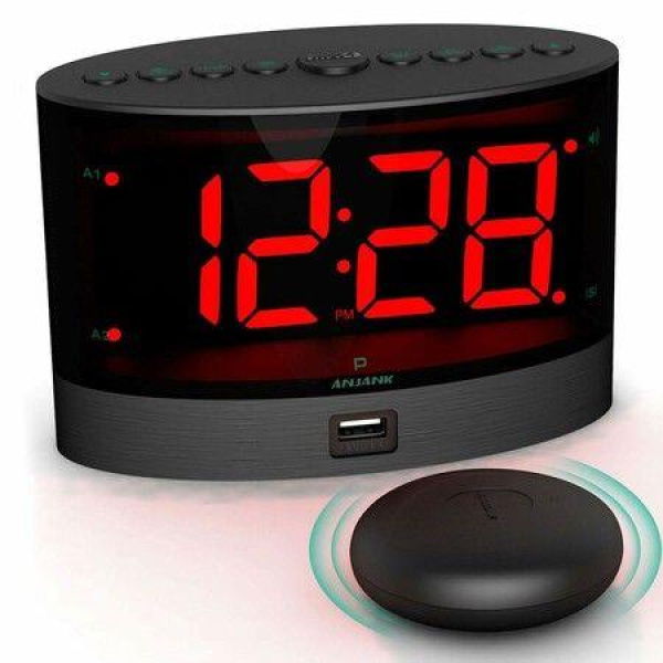 Alarm Clock With Wireless Bed Shaker Vibrating Dual For Heavy Sleepers Deaf And Hearing-Impaired. Adjustable Volume/Dimmer/Wake-up USB Charger.