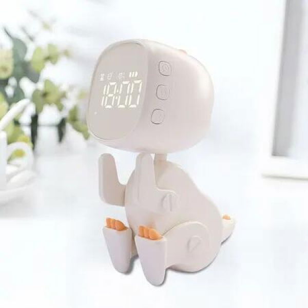Alarm Dinosaur Clock for Kids 6 Musics Wake Cute Digital Children's Kid student Clock Rechargable Night Light Timer Christmas Gift Col White