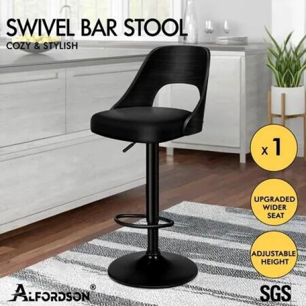 ALFORDSON 1x Bar Stool Kitchen Swivel Chair Wooden Leather Gas Lift All Black