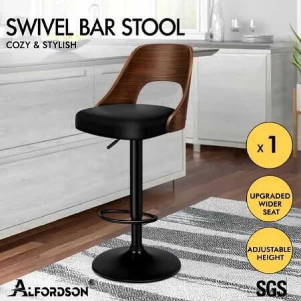 ALFORDSON 1x Bar Stool Kitchen Swivel Chair Wooden Leather Gas Lift Black