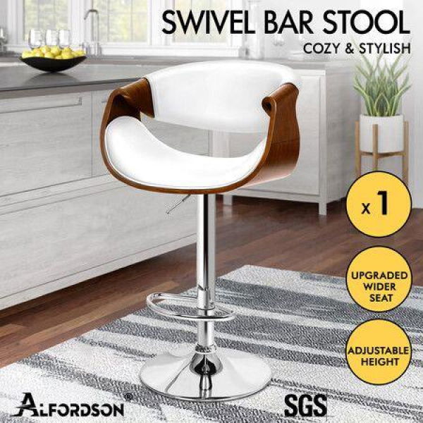 ALFORDSON 1x Bar Stool Kitchen Swivel Chair Wooden Leather Trice White