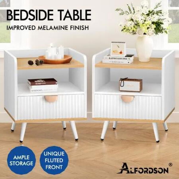 ALFORDSON 2Ã— Bedside Table 1 Drawer Nightstand Side Storage Shelf Wood and White