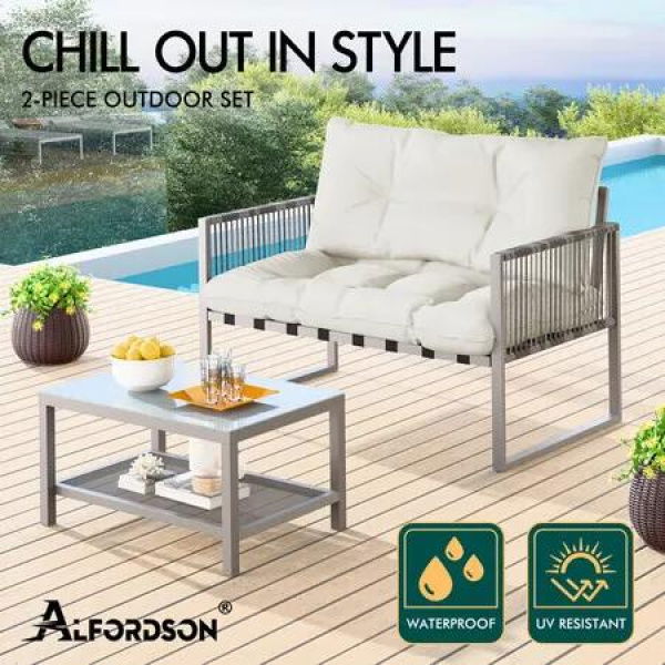 ALFORDSON 2PCS Outdoor Lounge Sofa Set Wicker Furniture Table and Chairs Garden Beige