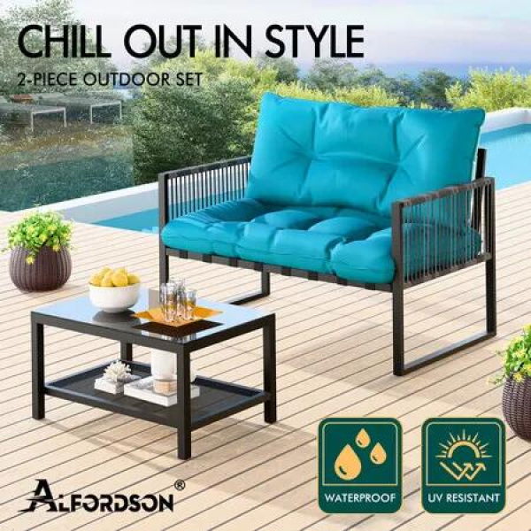 ALFORDSON 2PCS Outdoor Lounge Sofa Set Wicker Furniture Table and Chairs Garden Blue