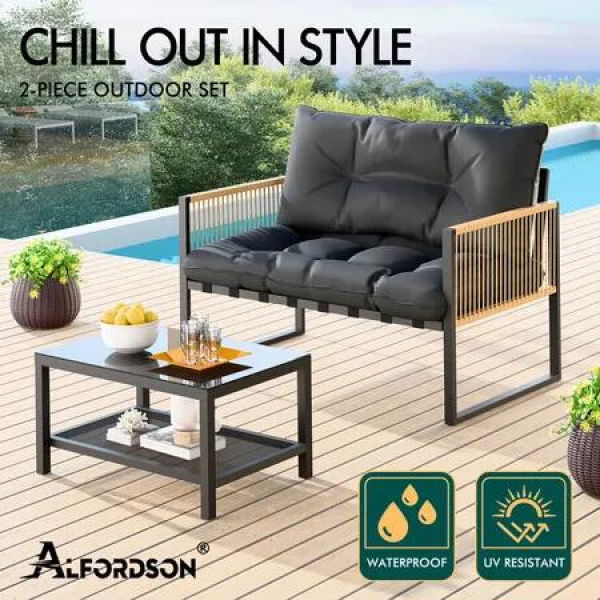 ALFORDSON 2PCS Outdoor Lounge Sofa Set Wicker Furniture Table and Chairs Garden Grey