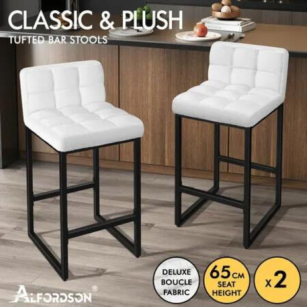 ALFORDSON 2x Bar Stools 65cm Kitchen Counter Metal Boucle Dining Chairs White