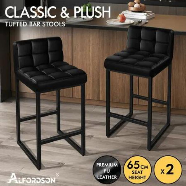 ALFORDSON 2x Bar Stools 65cm Kitchen Counter Metal Leather Dining Chairs Black
