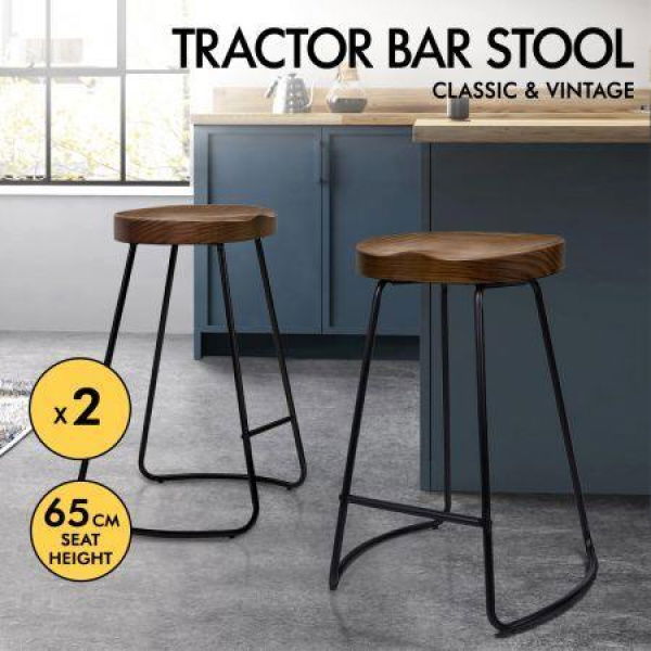 ALFORDSON 2x Bar Stools 65cm Tractor Kitchen Wooden Vintage Chair Dark Wood