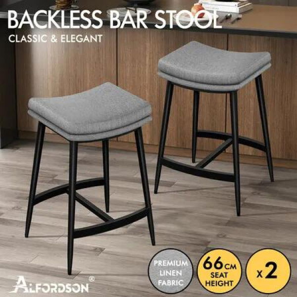 ALFORDSON 2x Bar Stools 66cm Kitchen Counter Metal Fabric Dining Chairs Grey