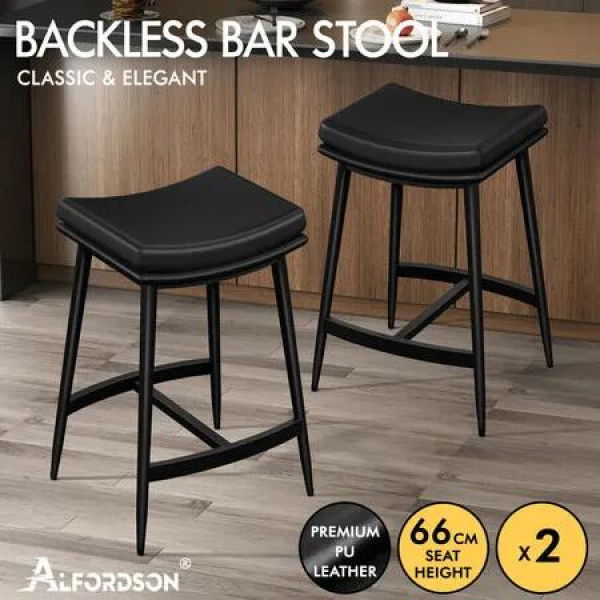 ALFORDSON 2x Bar Stools 66cm Kitchen Counter Metal Leather Dining Chairs Black