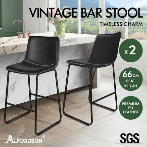 ALFORDSON 2x Bar Stools 66cm Kitchen Counter Metal Vintage Dining Chairs Black