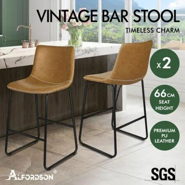ALFORDSON 2x Bar Stools 66cm Kitchen Counter Metal Vintage Dining Chairs Brown