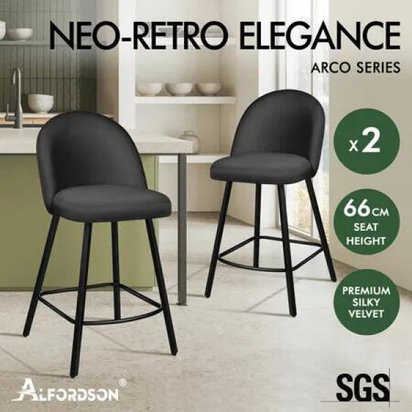 ALFORDSON 2x Bar Stools 66cm Kitchen Counter Velvet Dining Chairs Dark Grey