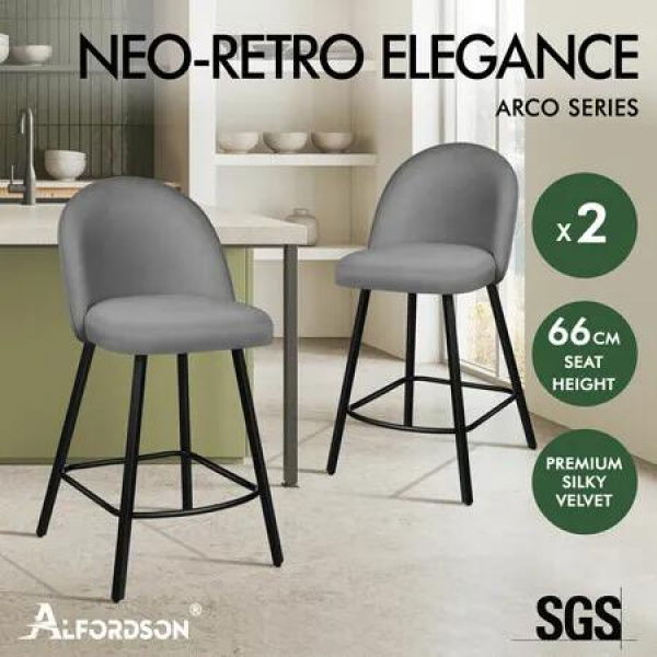 ALFORDSON 2x Bar Stools 66cm Kitchen Counter Velvet Vintage Dining Chairs Grey