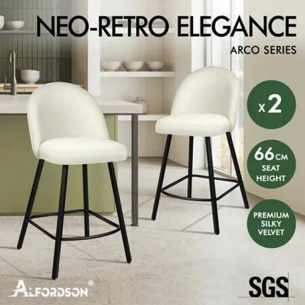 ALFORDSON 2x Bar Stools 66cm Kitchen Counter Velvet Vintage Dining Chairs White