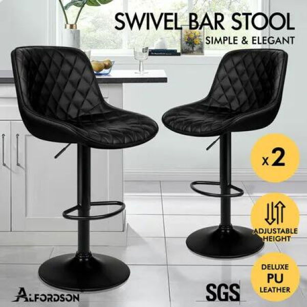 ALFORDSON 2x Bar Stools Gas Lift Leather Bar Chairs Kitchen Swivel ALL BLACK