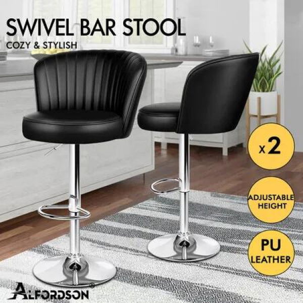 ALFORDSON 2x Bar Stools Gas Lift Leather Bar Chairs Kitchen Swivel Dylan BLACK