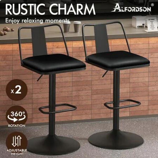 ALFORDSON 2x Bar Stools Gas Lift Leather Bar Chairs Kitchen Swivel Gloria BLACK