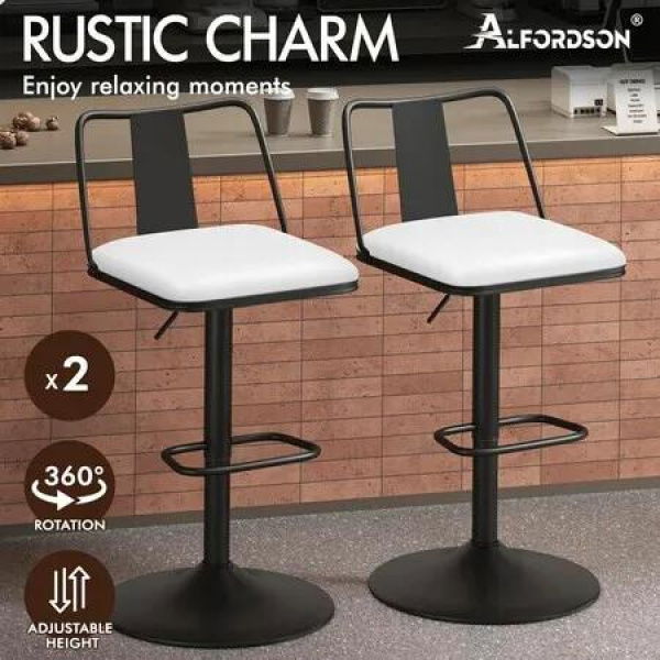 ALFORDSON 2x Bar Stools Gas Lift Leather Bar Chairs Kitchen Swivel Gloria White