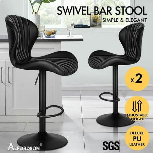 ALFORDSON 2x Bar Stools Gas Lift Leather Bar Chairs Kitchen Swivel Stella BLACK