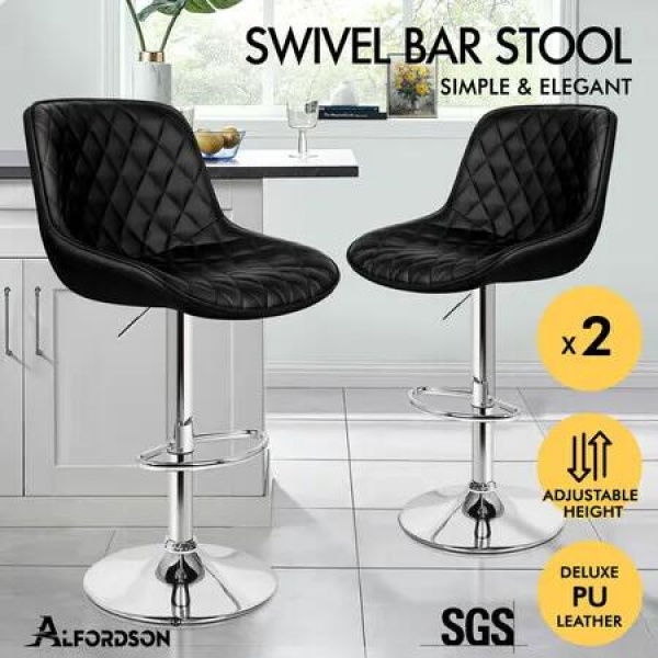 ALFORDSON 2x Bar Stools Gas Lift Leather Bar Chairs Kitchen Swivel Xena BLACK